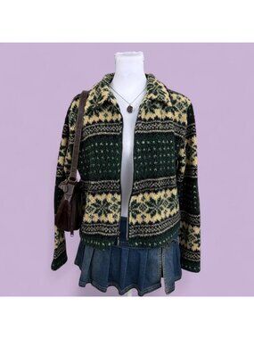 90s fair isle granola girl zip cropped fleece sweater